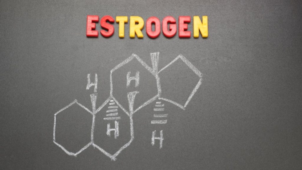 Formula chimica degli estrogeni disegnata su una lavagna, per illustrare estrogeni e microbiota vaginale